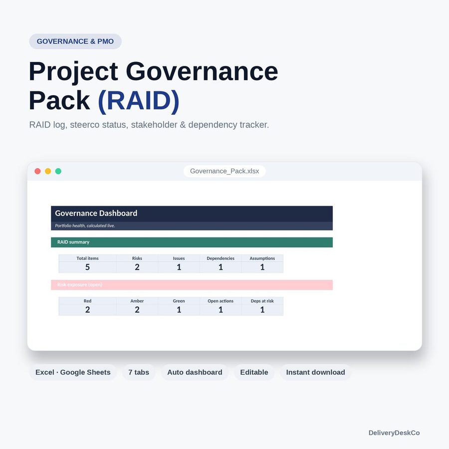 RAID Log & Program Governance Pack (Excel + Google Sheets) — product image showing the Excel template